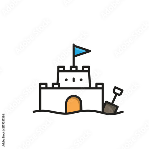 Sandcastle icon. summer. A sandcastle icon with a shovel representing children's fun and creative activities. Mixed design style