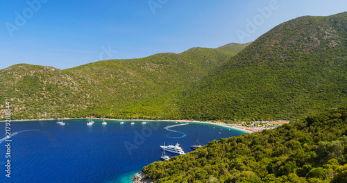 Antisamos beach in Greek island of Kefalonia, one of the most beautiful and famos Blue Flag beach, with blue waters surrounded by green mountains