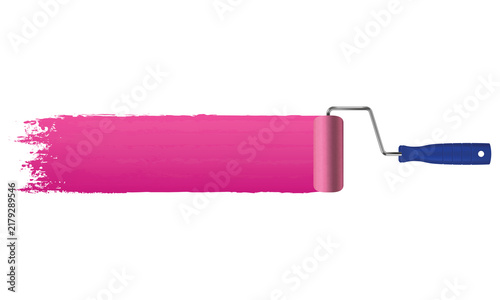 Paint roller with a thick stroke of bright pink paint isolated