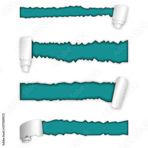 Set of torn paper strips with curled edges on teal background