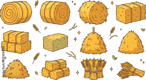 Bild auf Leinwand Hay Bale and Wheat Sheaf Vector Set Featuring Agricultural Straw Bundles Haystac