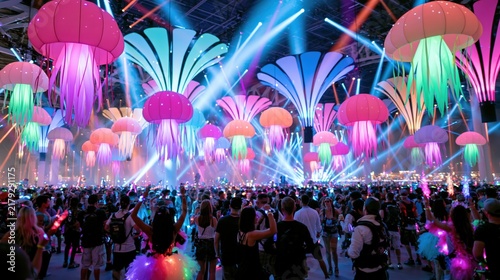 A massive crowd enjoys a vibrant and colorful nighttime festival illuminated by glowing jellyfish decorations and dynamic light shows.