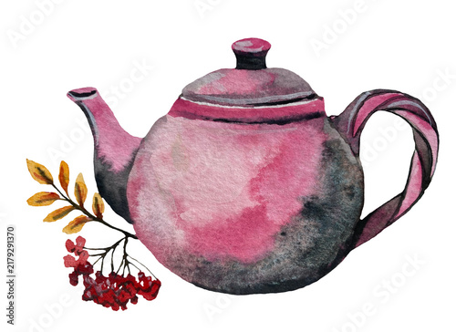 Hand-painted watercolor illustration of a pink teapot with tea and a rowan branch with red berries, isolated on a transparent background