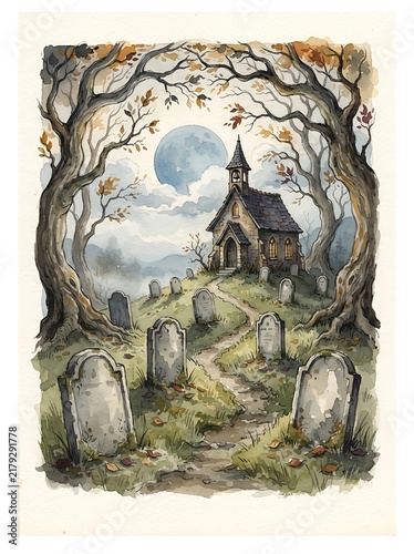 vintage watercolor illustration of traditional Halloween landscape showing an old peaceful cemetery