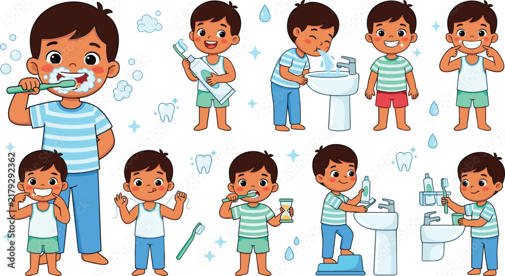 Fototapeta premium Cute Boy Teeth Brushing Character Vector Set with Little Kid Cleaning Mouth Flossing and Rinsing for Dental Care Hygiene Education Illustrations