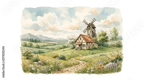 vintage watercolor illustration of small rustic farmhouse sitting on a rolling green countryside
