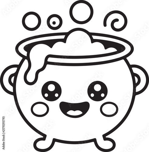 Cute kawaii witch cauldron coloring page vector illustration with bubbles, happy facial expression, and boiling magical potion suitable for kids activity and Halloween design