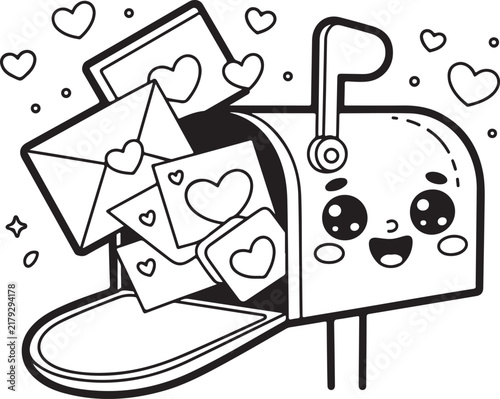 Cute coloring page featuring a smiling kawaii mailbox overflowing with love letters and hearts for children