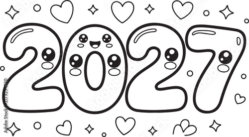 Cute 2027 coloring page with kawaii numbers, smiling faces, hearts, and stars for kids activity