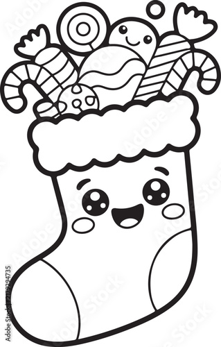 Cute Christmas stocking coloring page filled with kawaii sweets, lollipops, and candy canes for kids