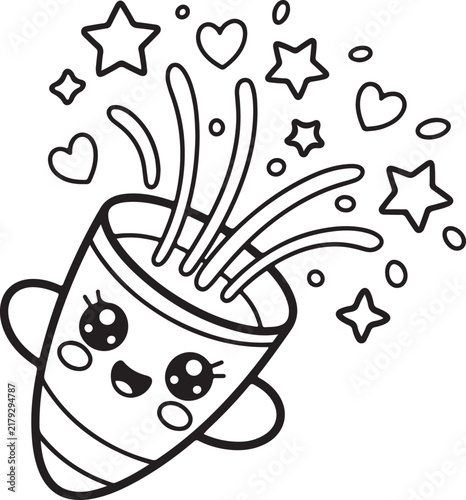 Cute coloring page featuring a smiling kawaii mug with magical bursting stars, hearts, and joyful splashes for kids