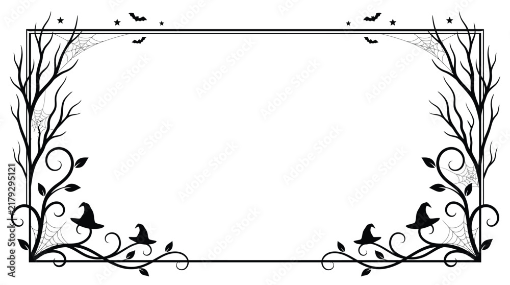 Fototapeta premium Halloween Spooky border with creepy bare trees and bats, decorative black frame with witch hats and spider webs, gothic floral vector Editable Halloween EPS