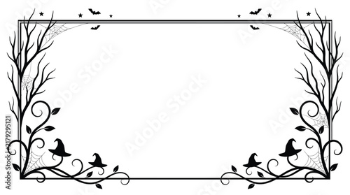 Halloween Spooky border with creepy bare trees and bats, decorative black frame with witch hats and spider webs, gothic floral vector Editable Halloween EPS