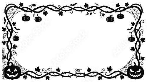 Halloween spooky border with thorny vines and pumpkins. Gothic black silhouette frame with spider webs and bats. Creepy holiday invitation background. Editable Halloween EPS