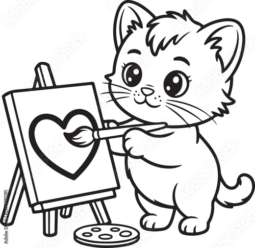 Cute kitten painting a heart on a canvas vector illustration, black and white coloring page design for children and creative arts activities