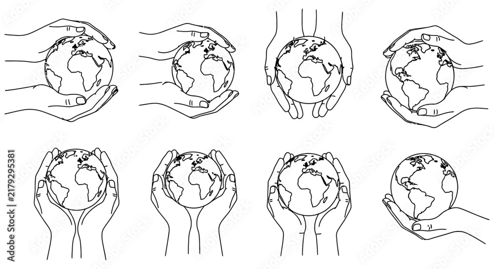 Fototapeta premium Set of human hands holding planet Earth globe icons in line art style