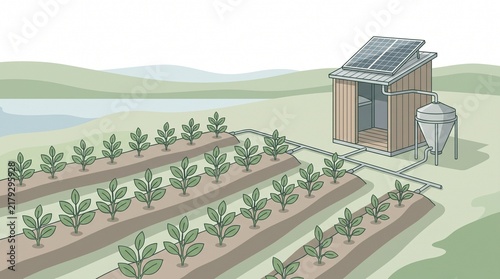 Sustainable agriculture with solar power and irrigation system vector illustration