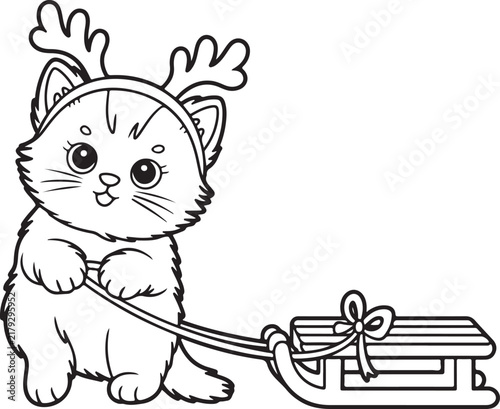 Cute Christmas cat coloring page featuring a playful kitten wearing reindeer antlers and pulling a gift sleigh