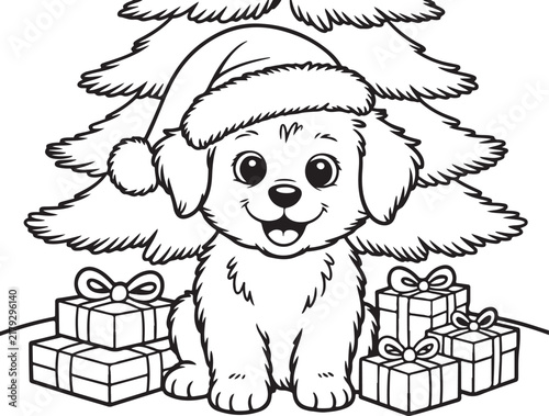Christmas coloring page featuring a cute puppy wearing a Santa hat surrounded by gifts and a holiday tree in black and white line art vector illustration style