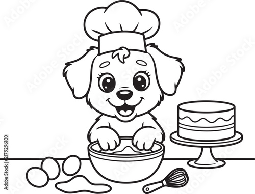 Cute puppy coloring page vector illustration featuring a happy dog baker with chef hat mixing dough, eggs, whisk, and cake for kids educational activity book