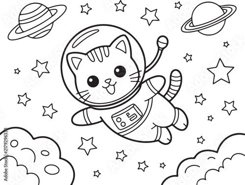 Cute cat astronaut coloring page vector illustration featuring planets and stars in outer space for kids