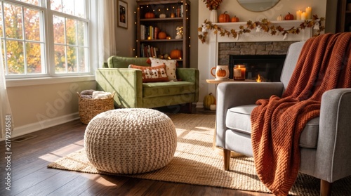 Cozy living room with autumn decor, featuring a knitted pouf, green sofa, gray armchair with orange throw, and a fireplace adorned with candles and fall leaves.