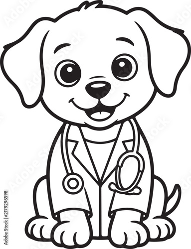 Cute cartoon puppy veterinarian coloring page vector illustration with outline and stethoscope for kids