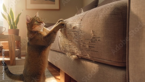Fototapeta kuchenna Orange tabby cat scratching a worn living room sofa.