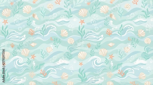 seamless repeating ocean surface pattern seashells, starfish, tiny coral shapes, bubbles