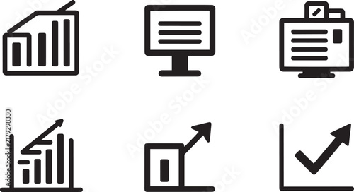 Bar chart analytics and computer monitor data display thick outline icon set