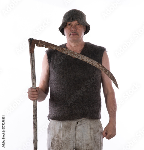 Bild auf Leinwand Vintage old man peasant farmer isolated on white background
