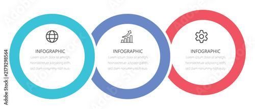 Vector template circle infographics.  Vector linear infographic with three connected elements. Business process, presentation, layout template. 