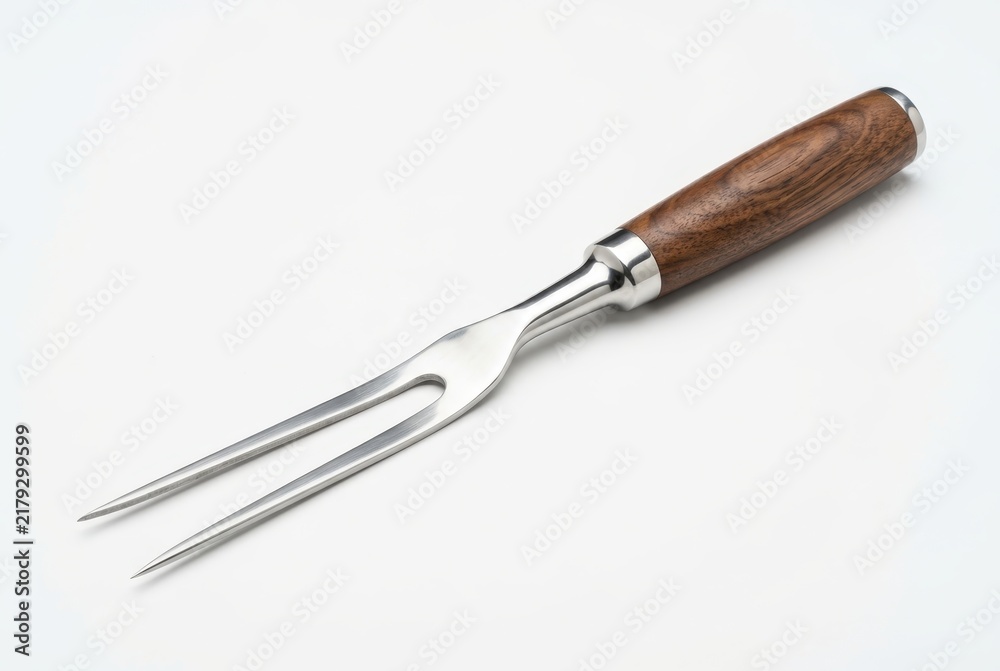 Fototapeta premium Professional Stainless Steel Meat Carving Fork with Elegant Wooden Handle Isolated on White Background