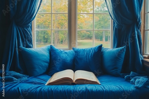 selective focus velvet cushions on window seat with open book