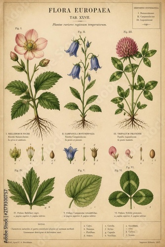 Vintage botanical poster displaying carefully illustrated flowers and leaves with detailed stems and veins, antique paper texture