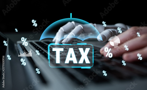 Fotografie Digital Tax Filing Concept with Robotic Hand Typing on Keyboard Surrounded by Financial Symbols and Percentages