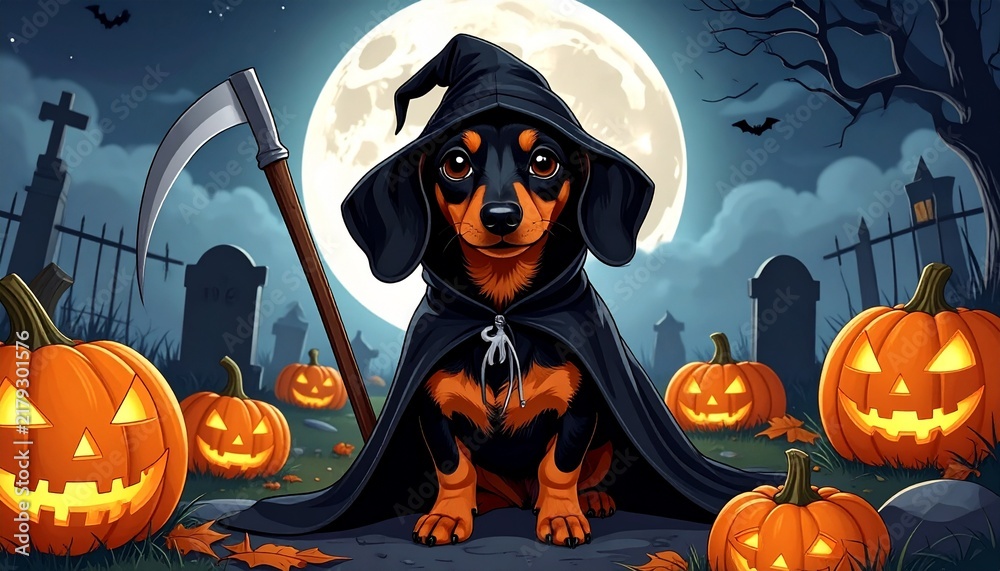 Fototapeta premium Cute Dachshund as a Tiny Grim Reaper in a Foggy Halloween Graveyard