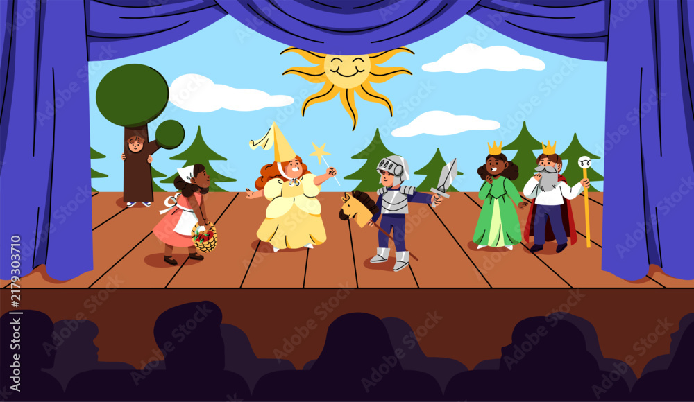 Obraz premium Kids theater scene with curtains and little actors. Child theatre performing. Cute children play roles on stage of theater. Theatre club in school. Children play drama and comedy shows on stage