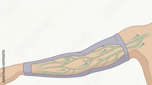Lymphatic system arm sleeve compression therapy aids fluid drainage and circulation in limb.