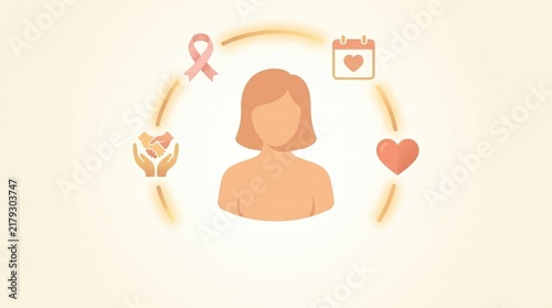 Woman's health awareness and support with symbols of care, heart, and calendar.