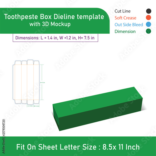 Toothpeste Box Dieline template, With 3D Box, vector file