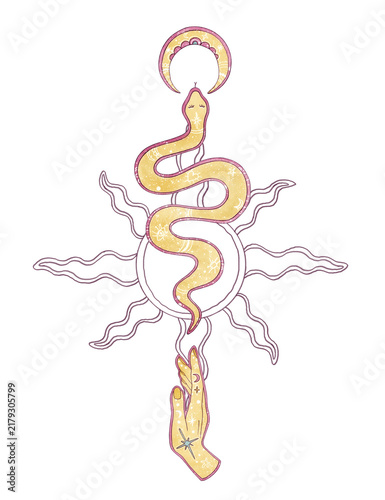 Watercolor esoteric illustration with yellow snake, line art sun, crescent moon and mystical hand. Pastel magic hand drawn clip art for teenage journals, stickers, planners and aesthetic stationery