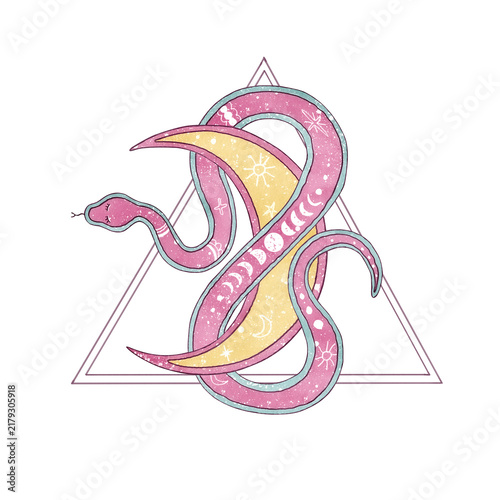 Watercolor esoteric illustration with pink snake, crescent moon in triangle geometry. Hand drawn pastel magic isolated clip art for teenage girls journals, stickers, planners and aesthetic stationery