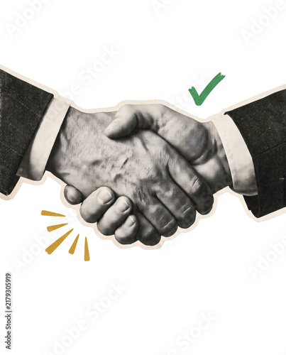 Retro collage of close business handshake with green approval mark, representing successful agreement and trusted partnership, with cutout hands, colored accents, and transparent background.