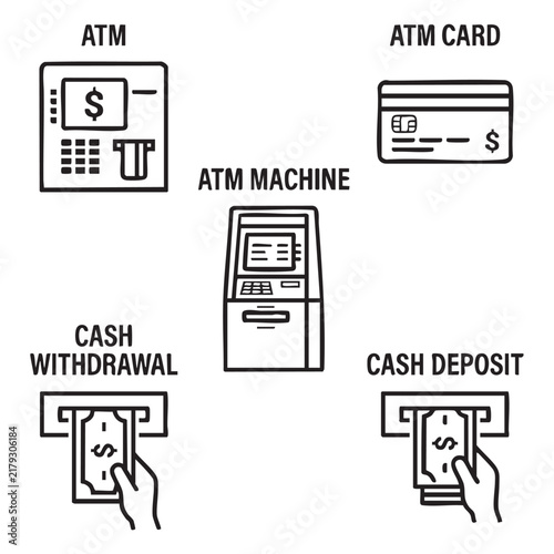 ATM Banking Service Icons Featuring Cash Withdrawals Deposits Cards and Self Service Transactions