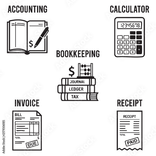 Accounting and Bookkeeping Icon Set Featuring Invoices Receipts Calculators and Financial Records