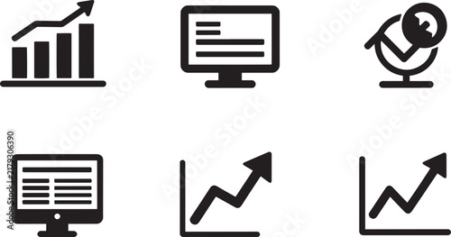 Bar graph growth arrow and computer display dashboard thick outline icon set