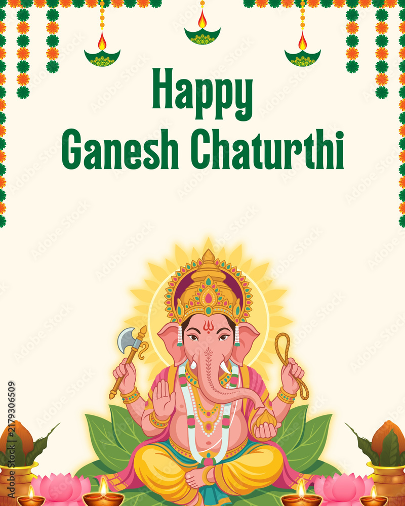 Fototapeta premium Ganesh Chaturthi Green and Orange Illustrated Greeting Poster