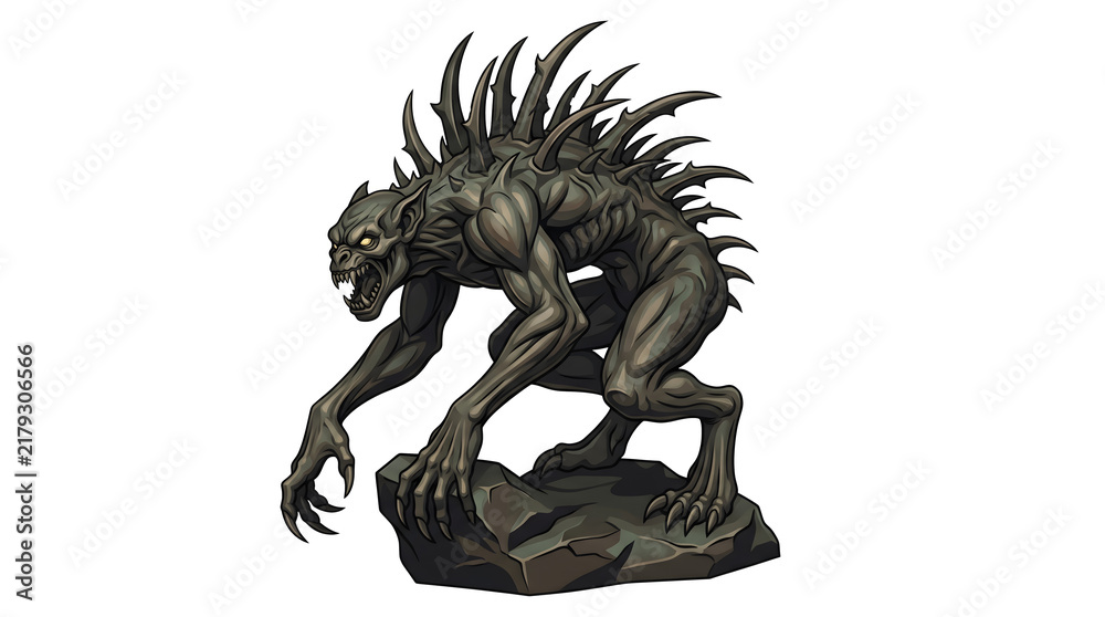 Fototapeta premium Spiky gargoyle monster crouched on jagged rock for halloween decoration or fantasy game environment.