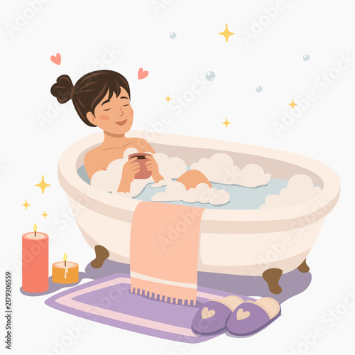 Mental health self care with woman relaxing in warm bath, candles, towel and slippers. For wellness, therapy, stress relief, mindfulness design. On light background.